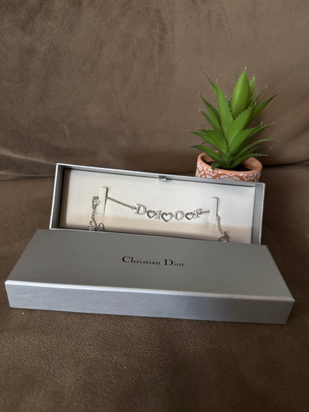 Dior Silver Tone Heart Link Bracelet with Box Like New Adjustable